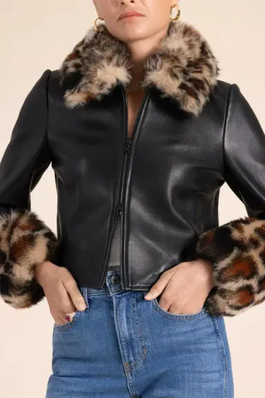 SUSAN BENDER Leopard Trim Leather Jacket | Thumbnail 2