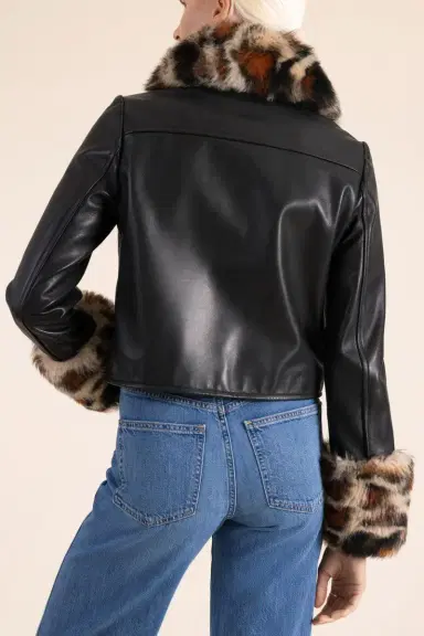 SUSAN BENDER Leopard Trim Leather Jacket | Thumbnail 3