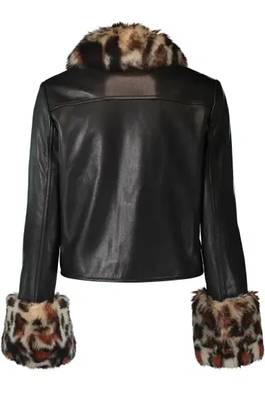 SUSAN BENDER Leopard Trim Leather Jacket | Thumbnail 4