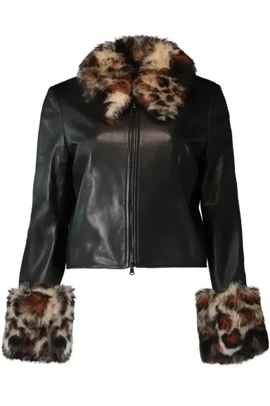 SUSAN BENDER Leopard Trim Leather Jacket | Thumbnail 1