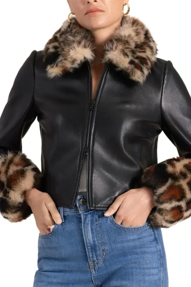 SUSAN BENDER Leopard Trim Leather Jacket
