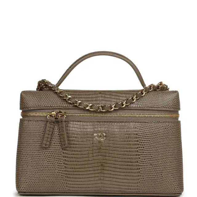 Chanel Chanel Top Handle Long Vanity Case with Chain Dark Khaki Lizard Embossed Calfskin Gold Hardware