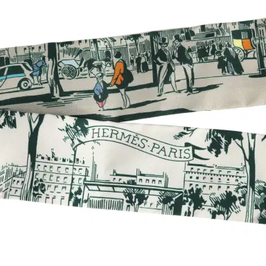 HERMÈS Hermes "A l'Ombre des Boulevards" Blanc, Vert, Gris Silk Twilly Pair | Thumbnail 3