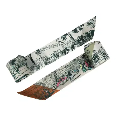 HERMÈS Hermes "A l'Ombre des Boulevards" Blanc, Vert, Gris Silk Twilly Pair | Thumbnail 4