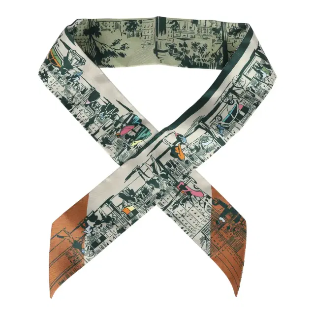 HERMÈS Hermes "A l'Ombre des Boulevards" Blanc, Vert, Gris Silk Twilly Pair
