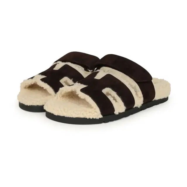 HERMÈS Hermes Chypre Techno Sandals Marron Ebene Suede and Ecru Shearling Palladium Hardware EU 37