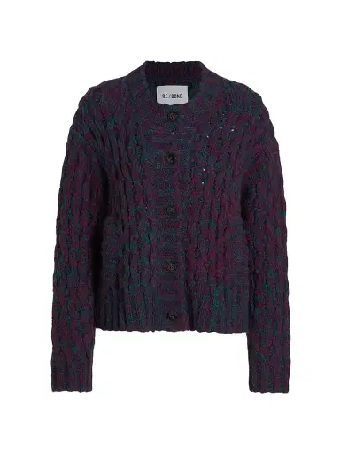 Re/done Women's '80s Chunky Crewneck Cardigan - Marled Plum | Thumbnail 1 Re/done Women's '80s Chunky Crewneck Cardigan - Marled Plum | Thumbnail 1