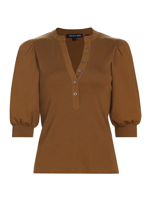 Veronica Beard Women's Coralee Ribbed Puff-Sleeve Top - Ochre