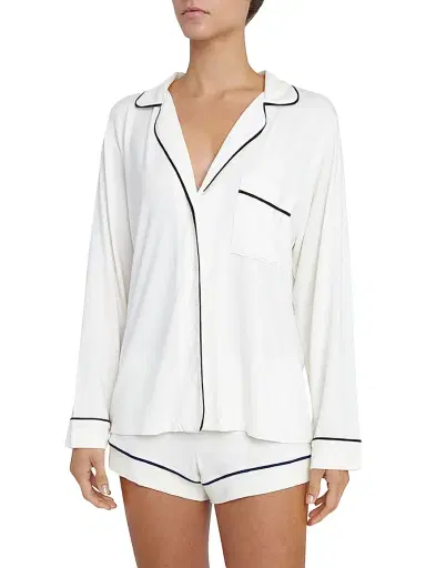 Eberjey Women's Gisele 2-Piece Piped Pajama Set - Ivory Navy - Size XL | Thumbnail 1