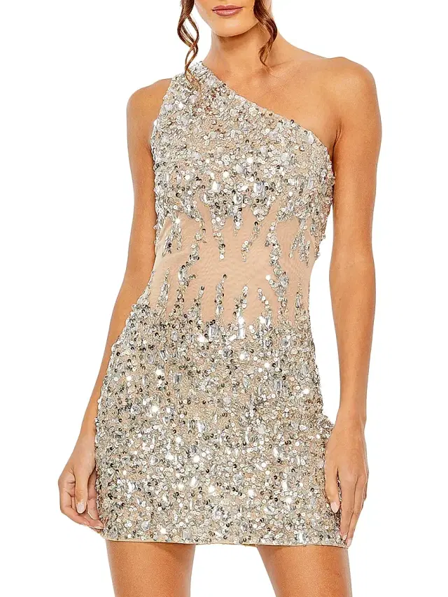 Mac Duggal Women's Asymmetric Sequined Mesh Minidress - Beige