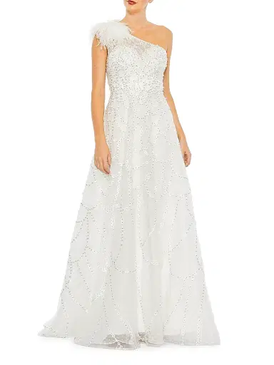 Mac Duggal Women's One-Shoulder Feathered A-Line Gown | Thumbnail 1 Mac Duggal Women's One-Shoulder Feathered A-Line Gown | Thumbnail 1