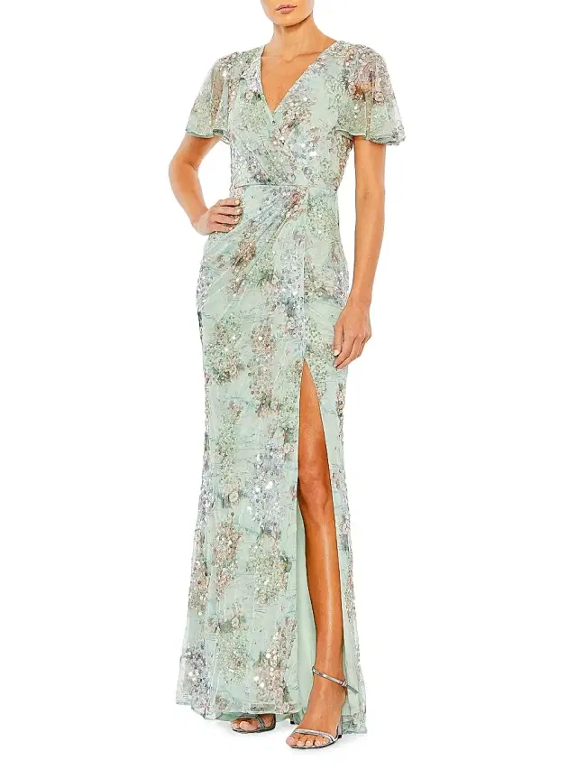 Mac Duggal Women's Embellished Flutter-Sleeve Wrap Gown - Sea Mist