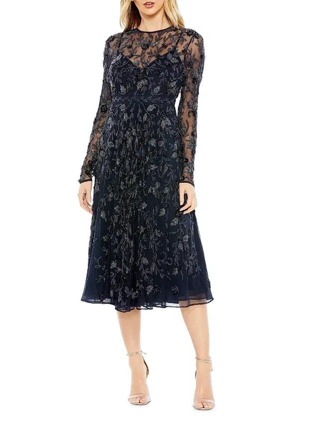 Mac Duggal Women's Long-Sleeve Embellished Floral Midi-Dress - Navy