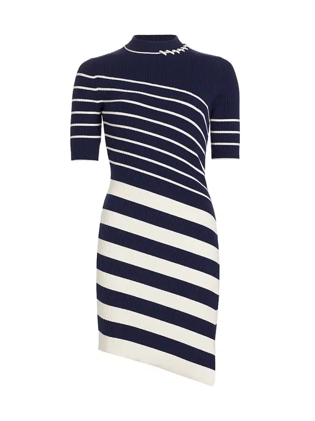 SIMKHAI Women's Noah Asymmetric Stripe Ribbed Wool Minidress - Midnight Stripe