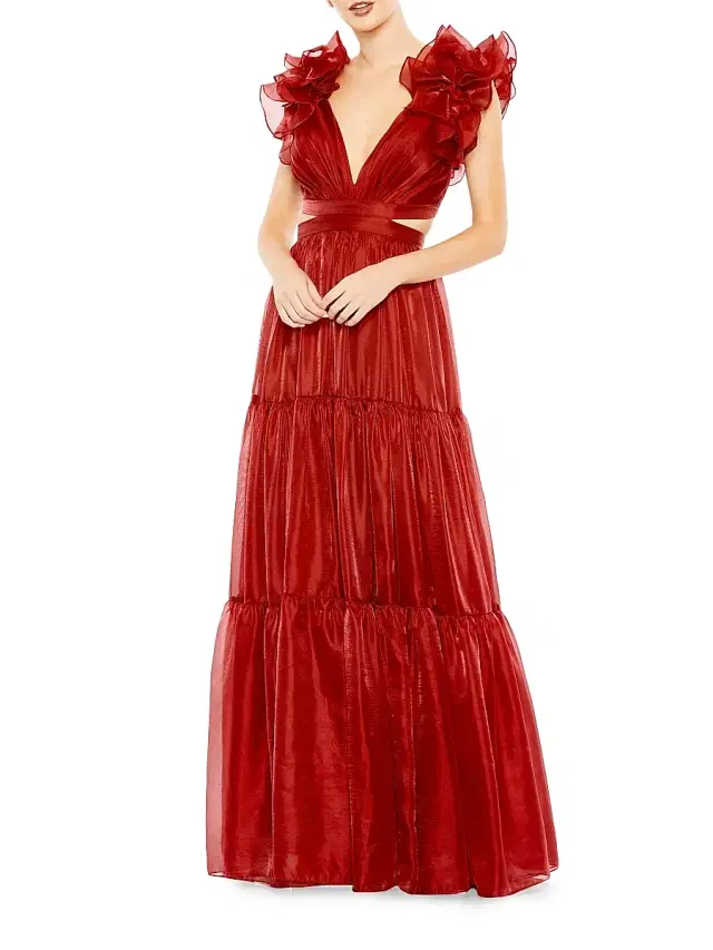Mac Duggal Women's Tiered Cap Sleeve Gown - Wine