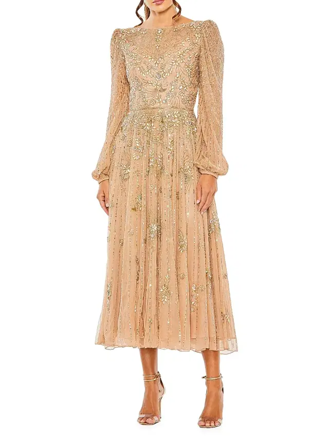 Mac Duggal Women's Embellished Long-Sleeve Midi-Dress - Taupe