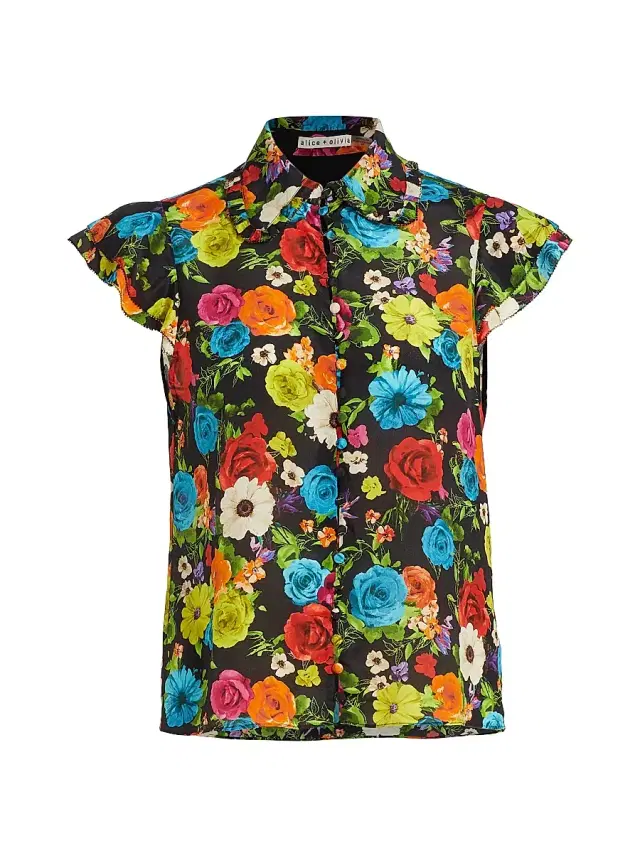 ALICE + OLIVIA Women's Martel Flutter-Sleeve Silk Button Down Top - Flower Garden