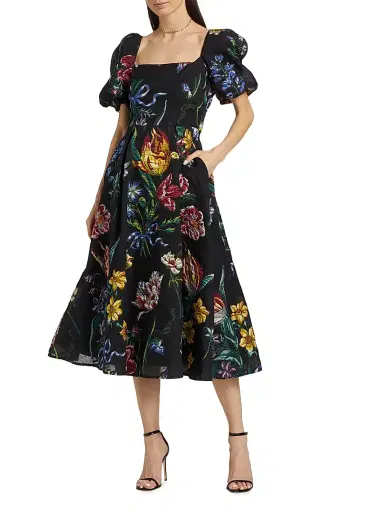 Marchesa Notte Women's Floral Jacquard Puff-Sleeve A-Line Dress - Black Multi - Size 2 | Thumbnail 2