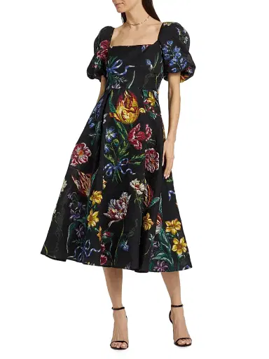 Marchesa Notte Women's Floral Jacquard Puff-Sleeve A-Line Dress - Black Multi - Size 2 | Thumbnail 3
