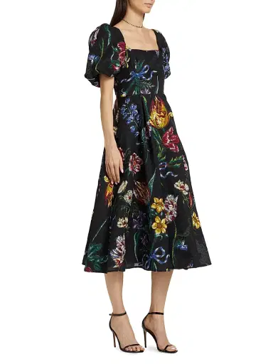 Marchesa Notte Women's Floral Jacquard Puff-Sleeve A-Line Dress - Black Multi - Size 2 | Thumbnail 4