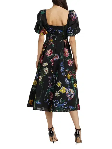 Marchesa Notte Women's Floral Jacquard Puff-Sleeve A-Line Dress - Black Multi - Size 2 | Thumbnail 5