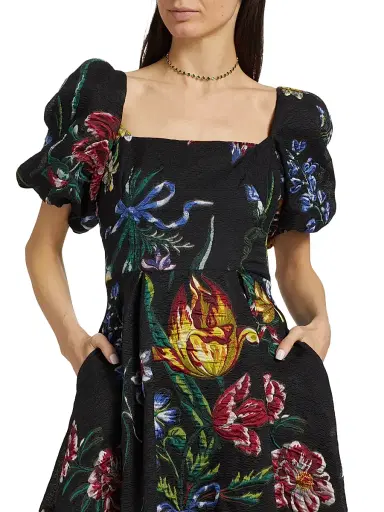 Marchesa Notte Women's Floral Jacquard Puff-Sleeve A-Line Dress - Black Multi - Size 2 | Thumbnail 6