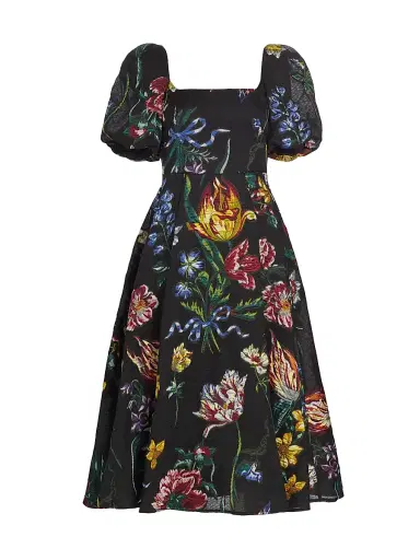 Marchesa Notte Women's Floral Jacquard Puff-Sleeve A-Line Dress - Black Multi - Size 2 | Thumbnail 1