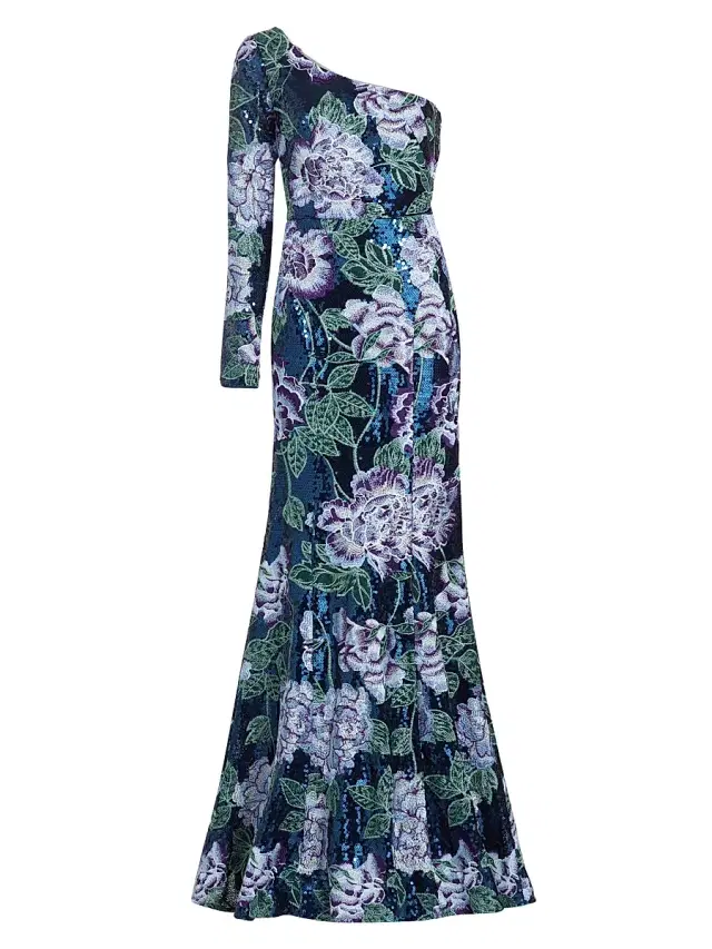 Marchesa Notte Women's Floral-Embroidered One-Shoulder Gown - Navy
