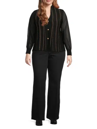 Ming Wang Women's Plus Metallic Knit Button-Front Cardigan - Black Gold | Thumbnail 2 Ming Wang Women's Plus Metallic Knit Button-Front Cardigan - Black Gold | Thumbnail 2