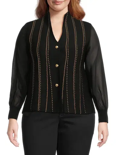 Ming Wang Women's Plus Metallic Knit Button-Front Cardigan - Black Gold | Thumbnail 3 Ming Wang Women's Plus Metallic Knit Button-Front Cardigan - Black Gold | Thumbnail 3
