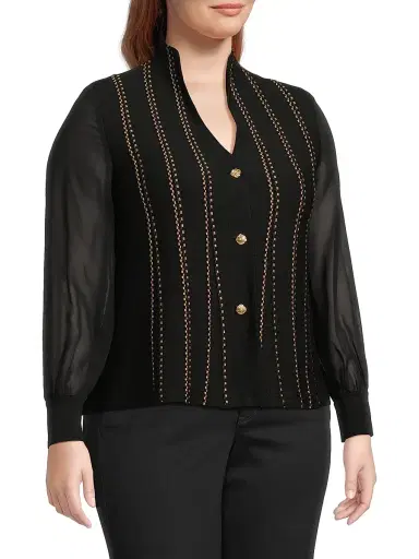 Ming Wang Women's Plus Metallic Knit Button-Front Cardigan - Black Gold | Thumbnail 4 Ming Wang Women's Plus Metallic Knit Button-Front Cardigan - Black Gold | Thumbnail 4