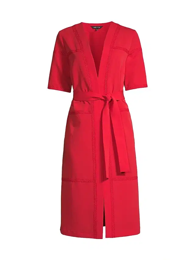 Misook Women's Belted Short-Sleeve Duster - Sunset Red