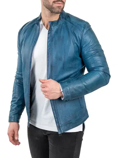 Maceoo Men's Leather Reverse Jacket - Blue | Thumbnail 3 Maceoo Men's Leather Reverse Jacket - Blue | Thumbnail 3