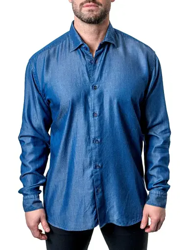 Maceoo Men's Fibonacci Shiny Denim Shirt - Blue | Thumbnail 1 Maceoo Men's Fibonacci Shiny Denim Shirt - Blue | Thumbnail 1