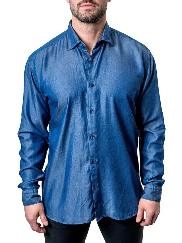 Maceoo Men's Fibonacci Shiny Denim Shirt - Blue