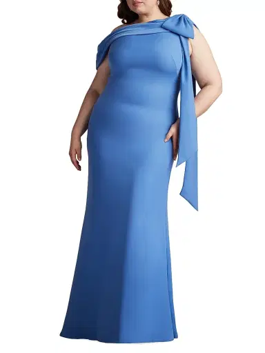 Tadashi Shoji Women's Plus One-Shoulder Crepe Sheath Gown - Cadet Blue - Size 22 | Thumbnail 2