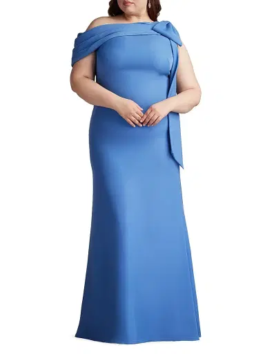 Tadashi Shoji Women's Plus One-Shoulder Crepe Sheath Gown - Cadet Blue - Size 22 | Thumbnail 3