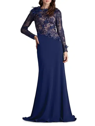Tadashi Shoji Women's Floral Lace Asymmetric Long-Sleeve Gown - Notte Beige - Size 8 | Thumbnail 4 Tadashi Shoji Women's Floral Lace Asymmetric Long-Sleeve Gown - Notte Beige - Size 8 | Thumbnail 4