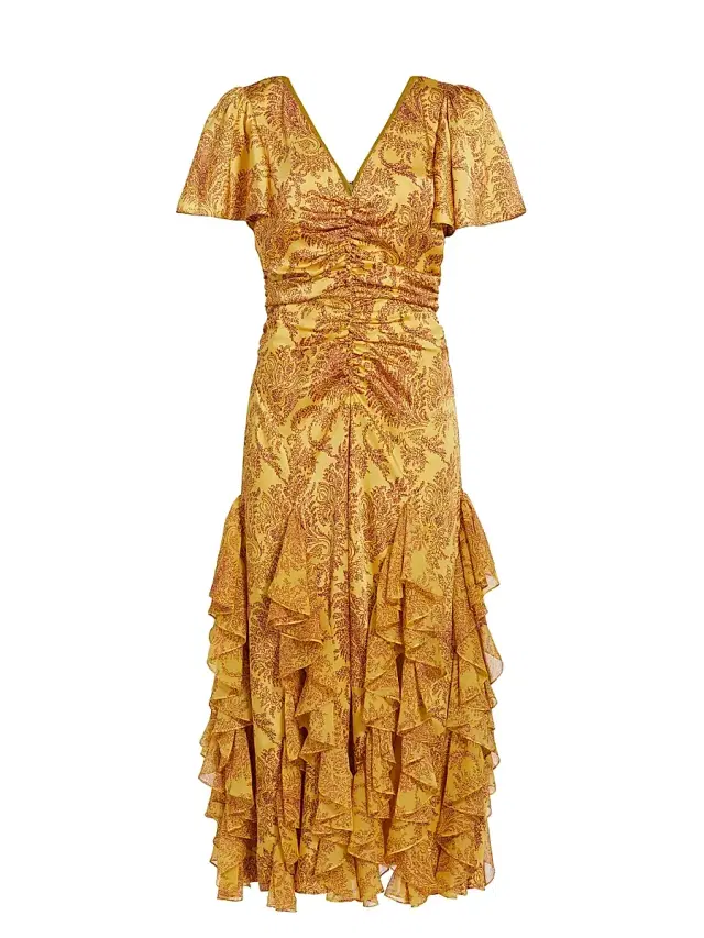 Cinq à Sept Women's Olympia Paisley Ruffle Midi-Dress - Golden Fog Merlot