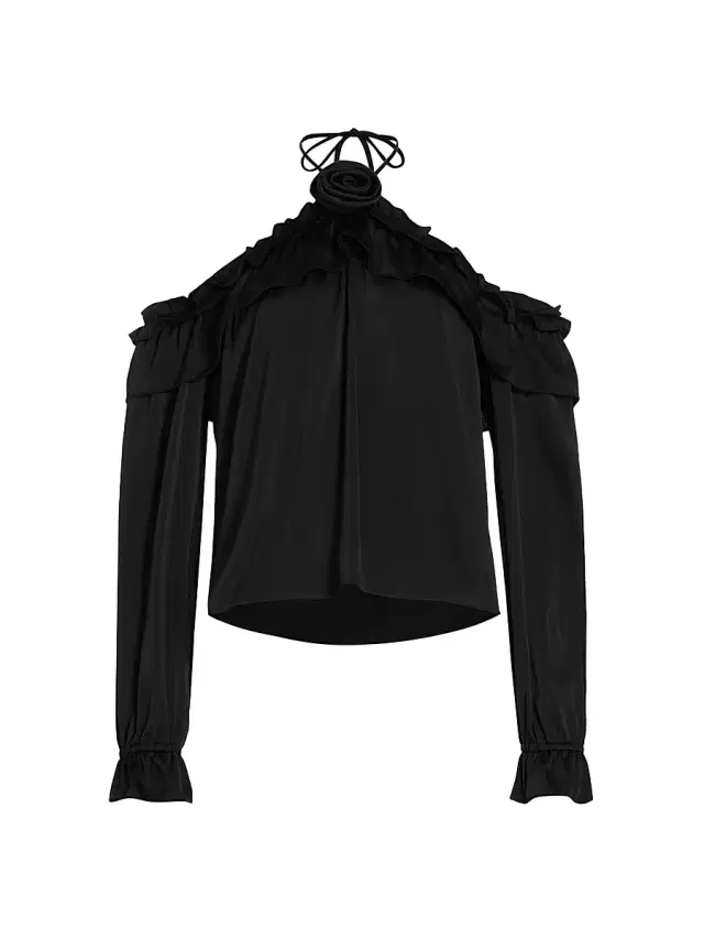 Wayf Women's Head Over Heels Satin Long-Sleeve Top - Black - Size Medium