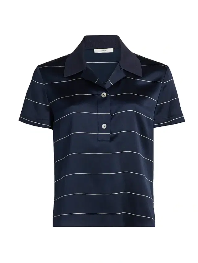 Vince Women's Striped Silk Polo Shirt - Coastal Cream