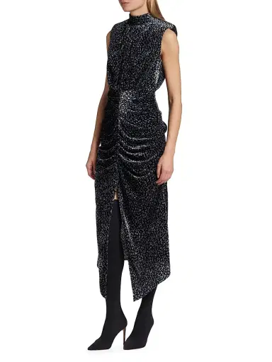 Ramy Brook Women's Lennon Speckled Ruched Midi-Dress - Black Combo Printed Velvet - Size 12 | Thumbnail 4