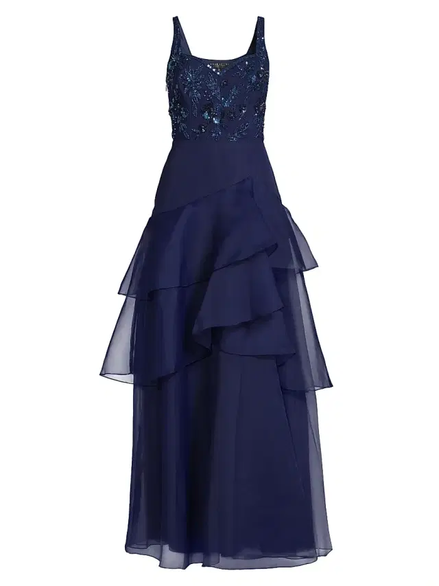 Aidan Mattox Women's Beaded Organza Frill Ballgown - Navy