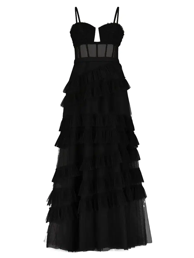 BCBGMAXAZRIA Women's Corset Tulle Ruffled Gown - Black