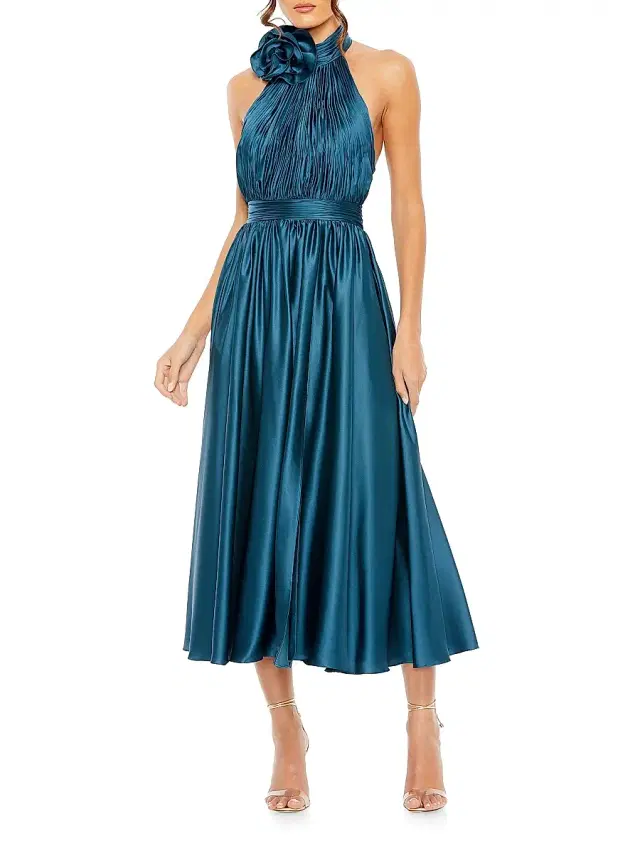 Mac Duggal Women's Satin Halter Rosette Midi-Dress - Ocean