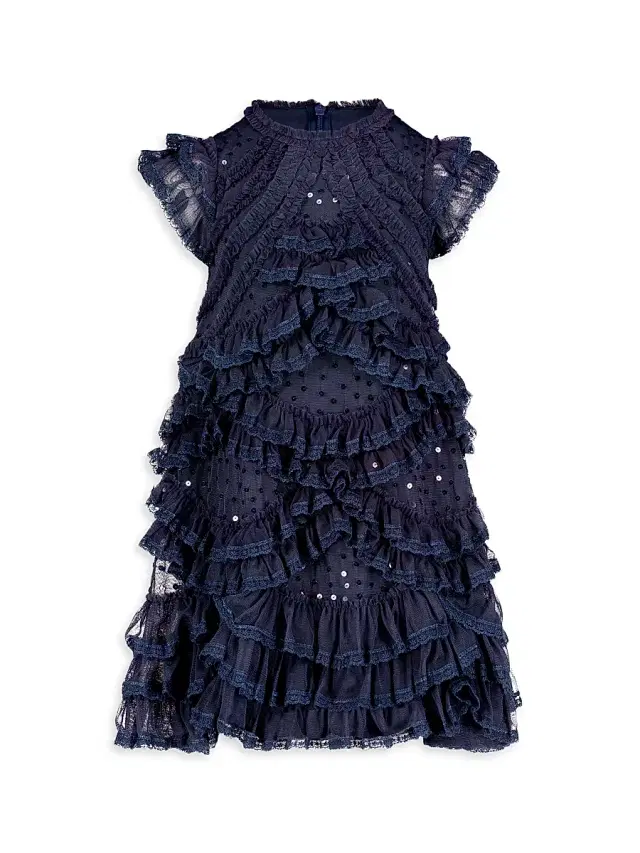 Mac Duggal Little Girl's & Girl's Mesh Micro Ruffle Dress - Navy