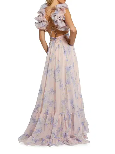 Mac Duggal Women's Ruffle Tiered Floral Cut-Out Chiffon Gown - Violet Multi - Size 12 | Thumbnail 2