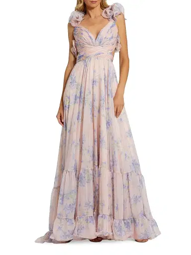 Mac Duggal Women's Ruffle Tiered Floral Cut-Out Chiffon Gown - Violet Multi - Size 12 | Thumbnail 1