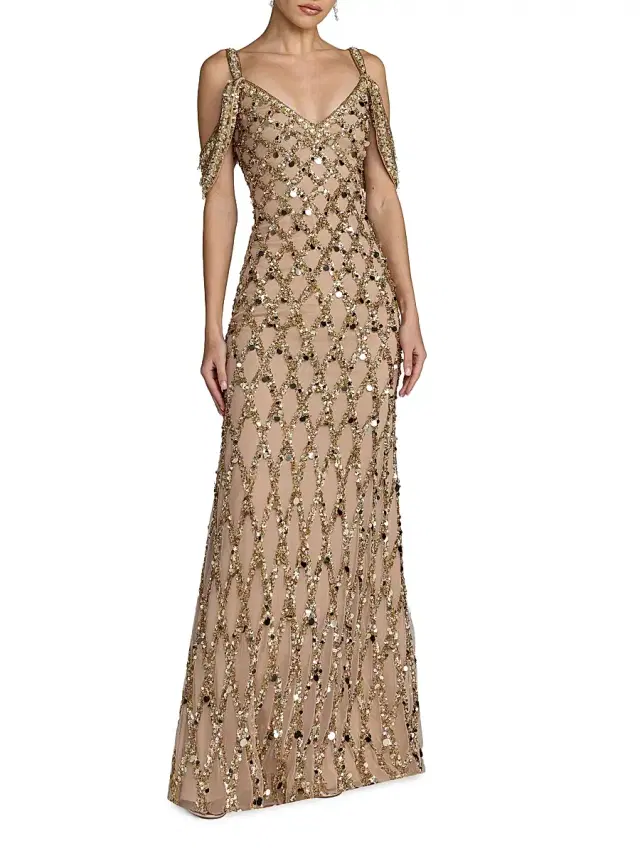 Mac Duggal Women's Beaded Mesh Off-The-Shoulder Column Gown - Gold