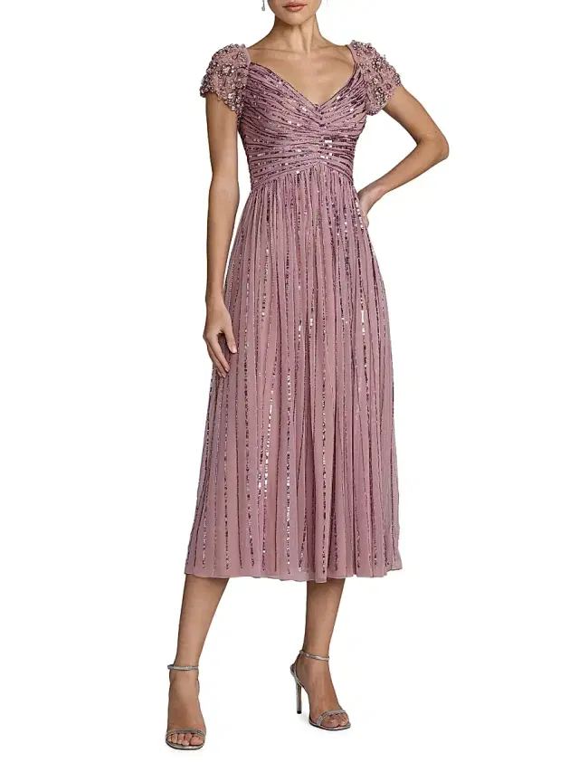 Mac Duggal Women's Beaded Sequin Mesh Midi-Dress - Vintage Lilac